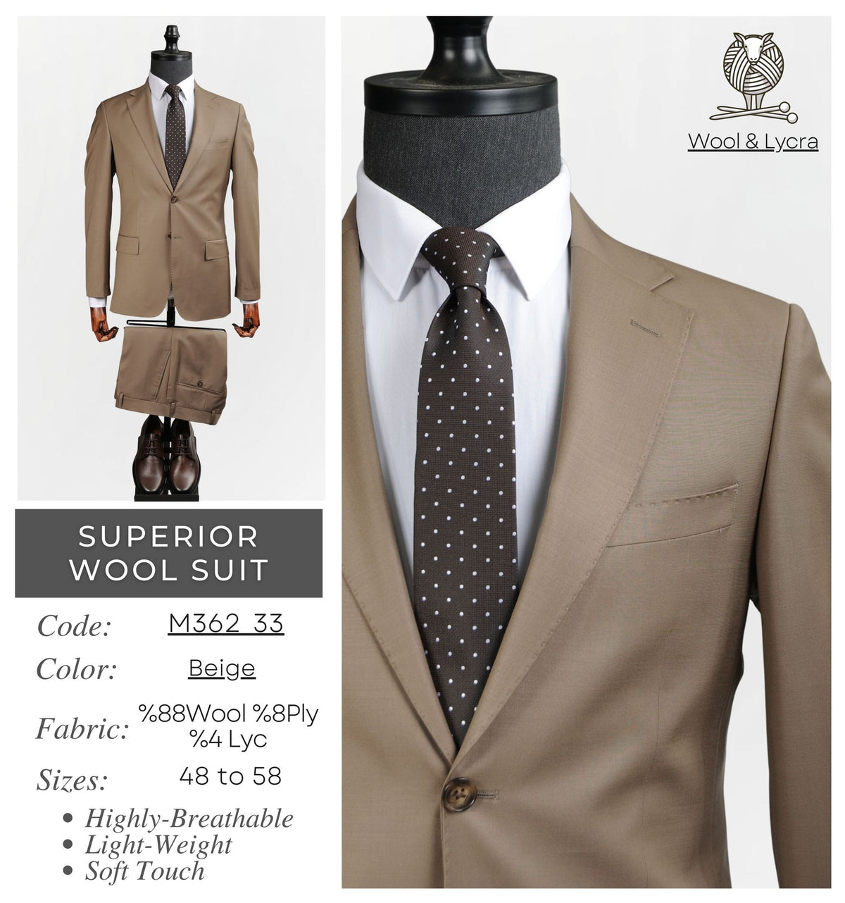 Beige Superior Wool Suit M362 33