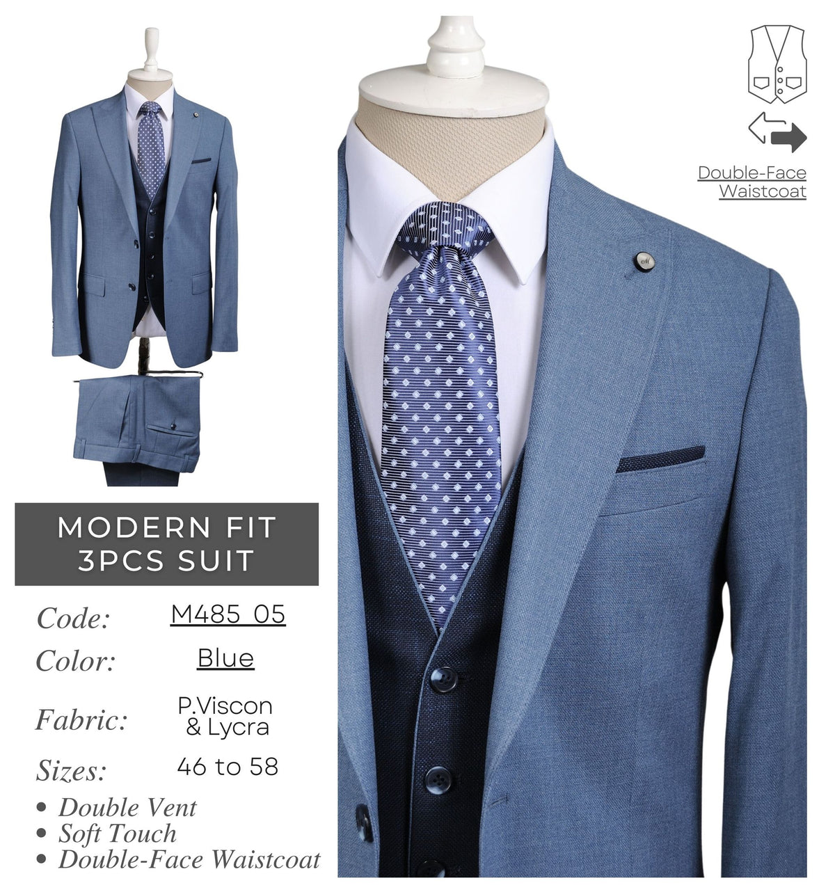 Blue Men's Modern Fit 3 - Piece Suit M485_05