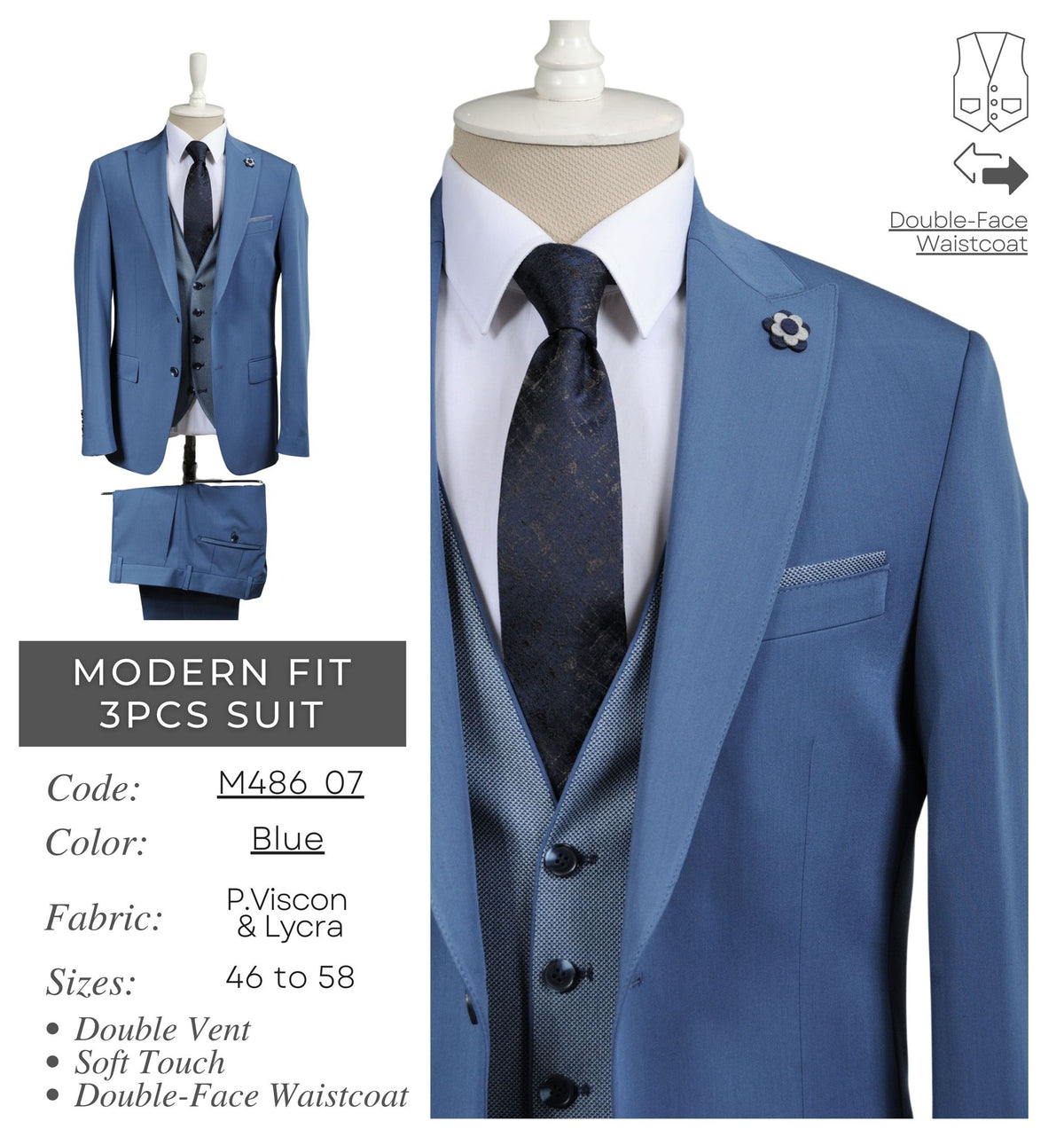 Blue Men's Modern Fit 3 - Piece Suit M486_07