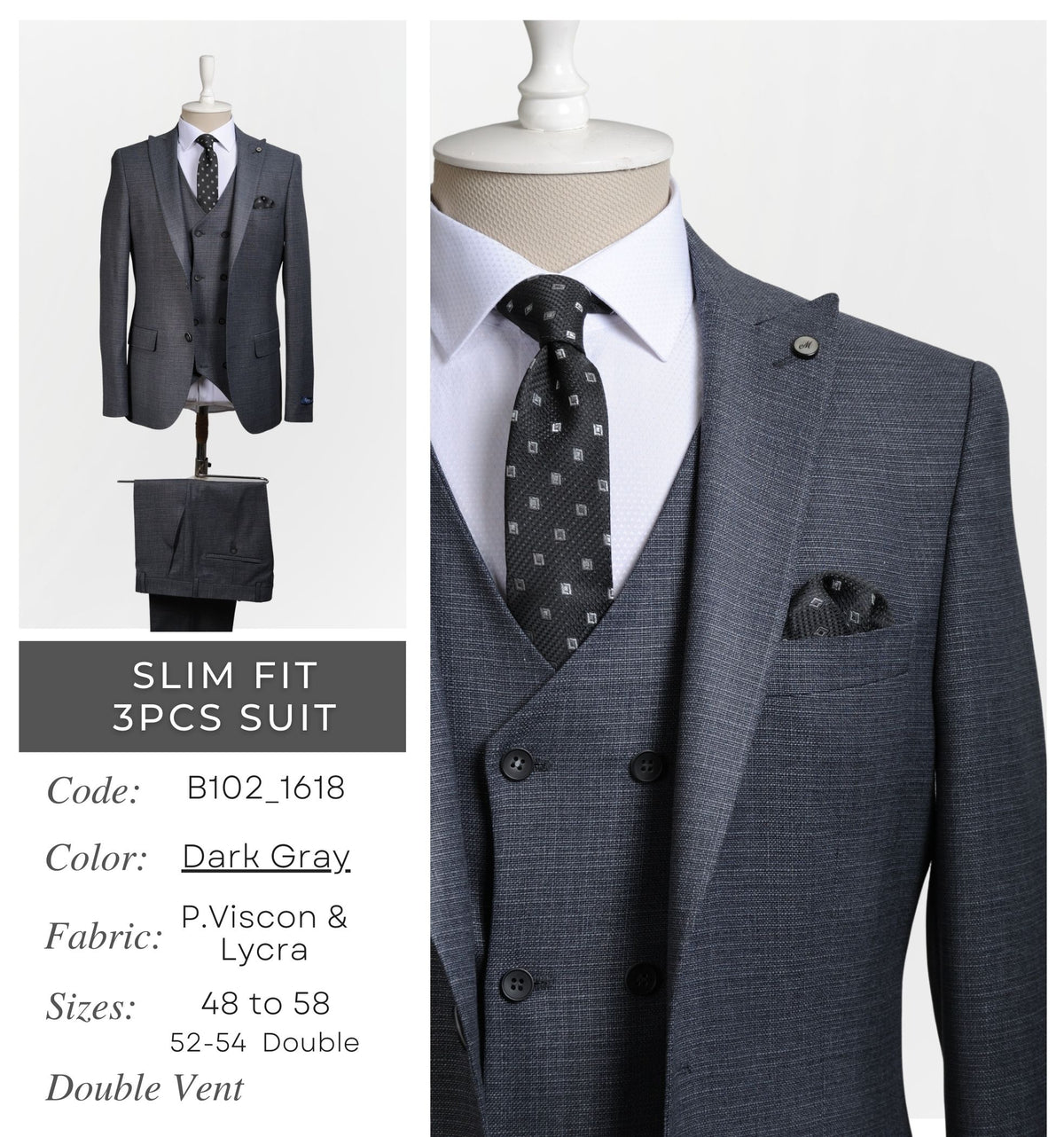 Dark Gray Men's Slim Fit 3 - Piece Suit B102_1618
