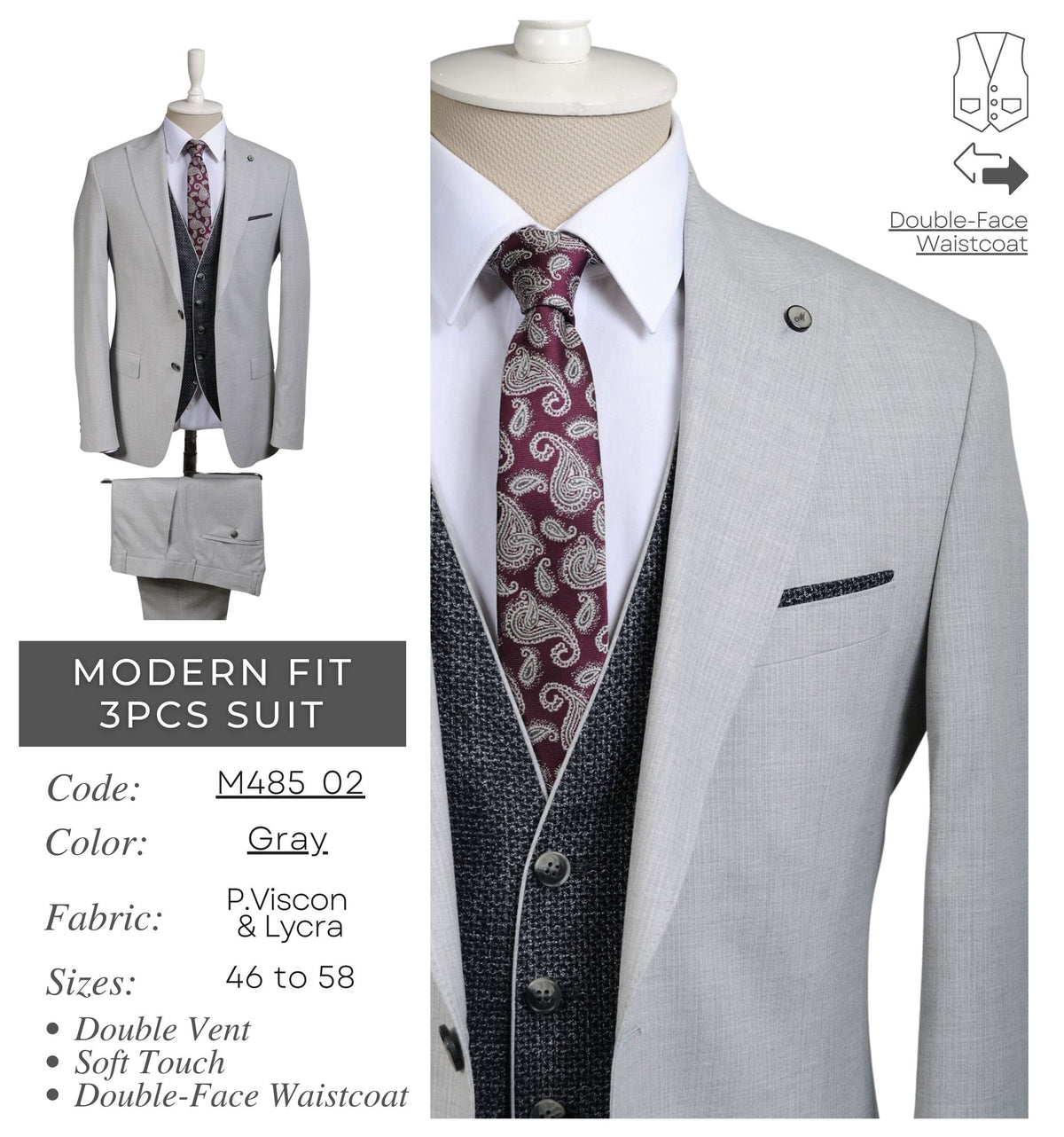 Gray Men's Modern Fit 3 - Piece Suit M485_02
