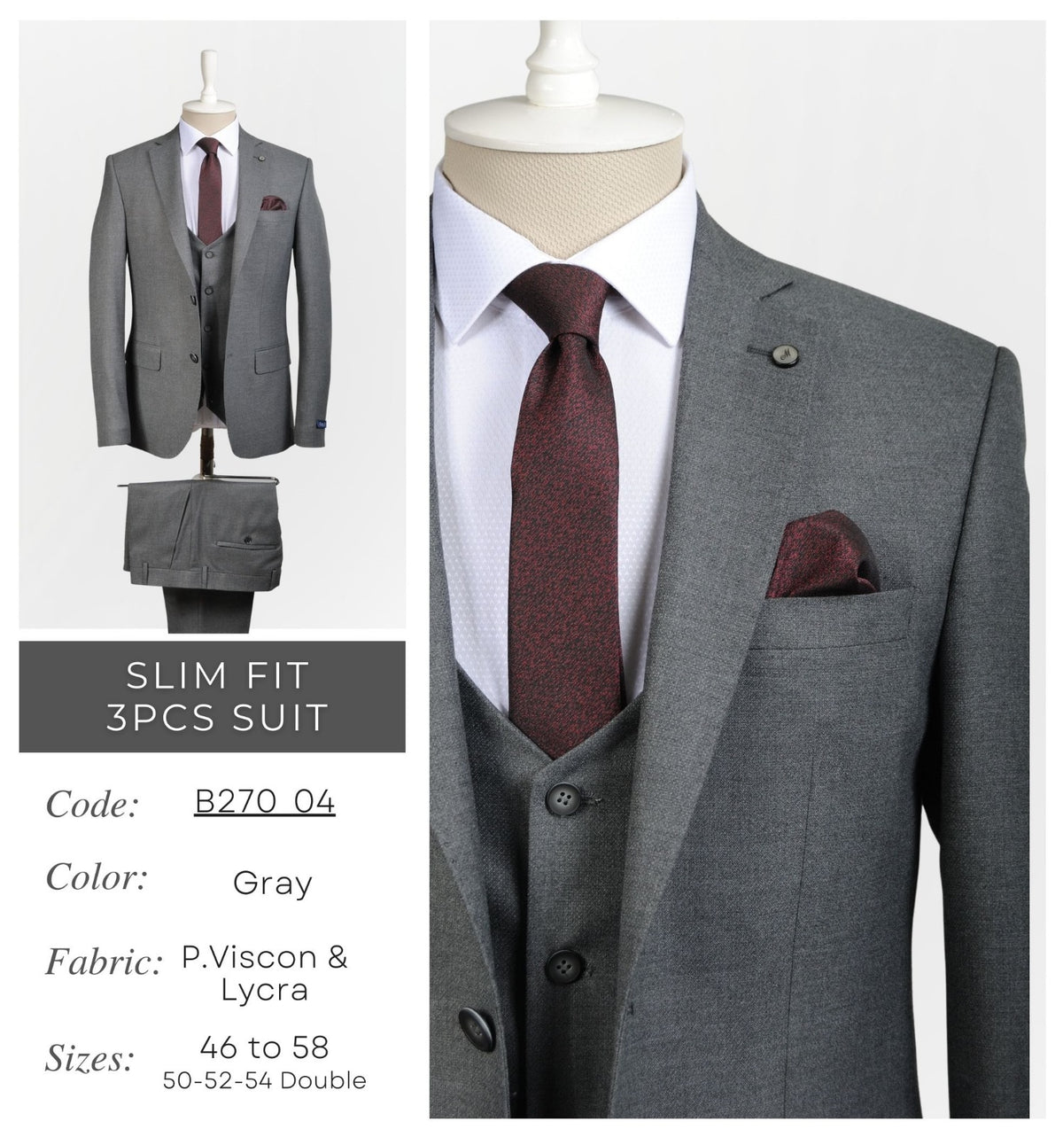 Gray Men's Slim Fit 3 - Piece Suit B270_04