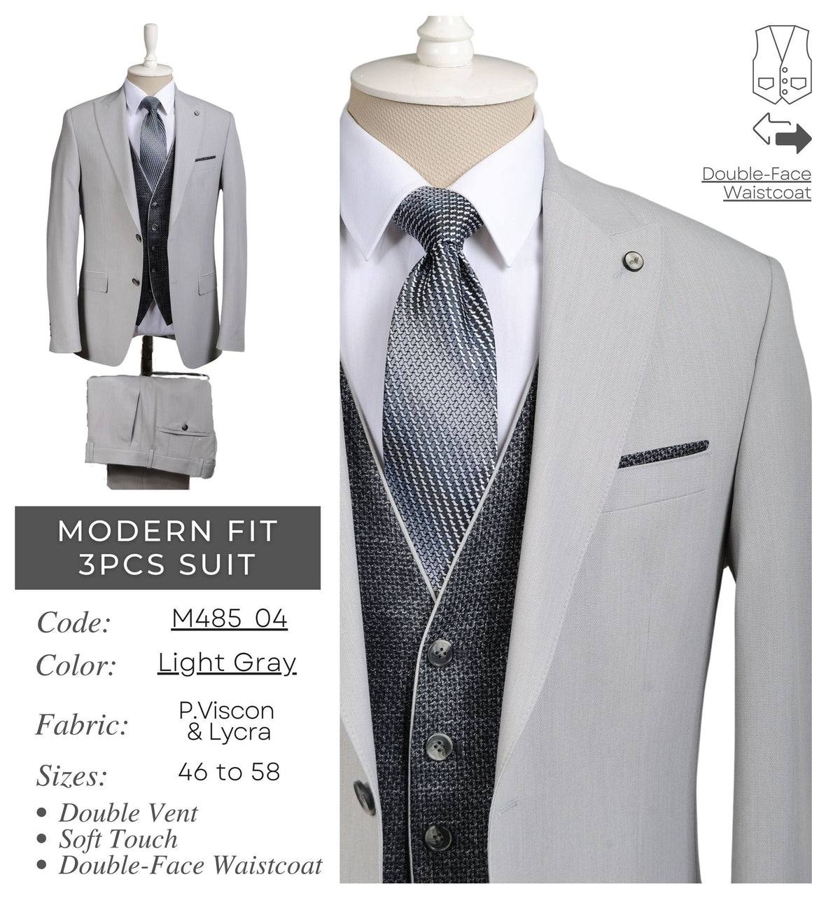 Light Gray Men's Modern Fit 3 - Piece Suit M485_04