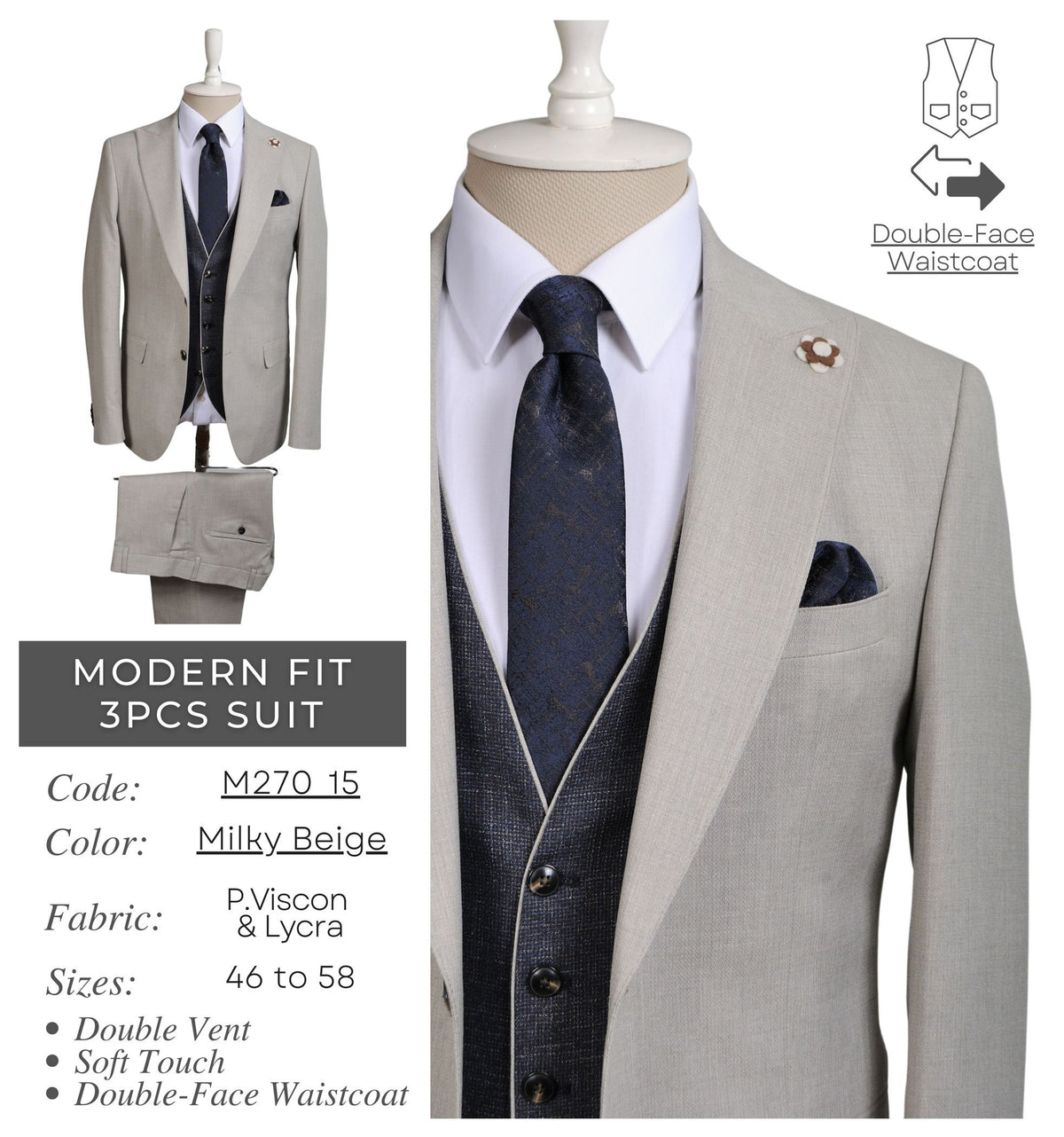 Milky Beige Men's Modern Fit 3 - Piece Suit M270_15