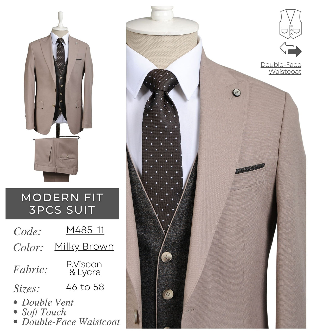 Milky Brown Men's Modern Fit 3 - Piece Suit M485_11