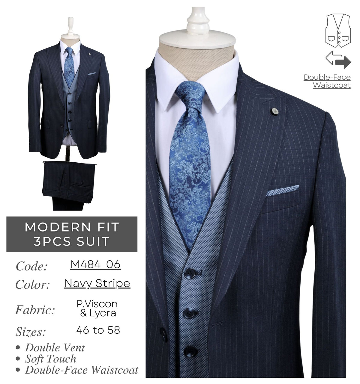 Navy Stripe Men's Modern Fit 3 - Piece Suit M484_06