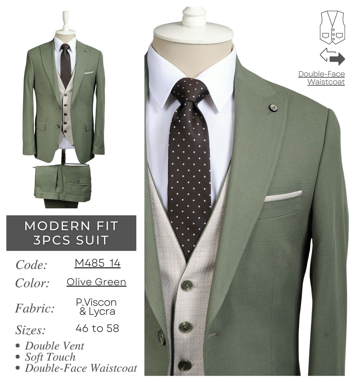 Olive Green Men's Modern Fit 3 - Piece Suit M485_14