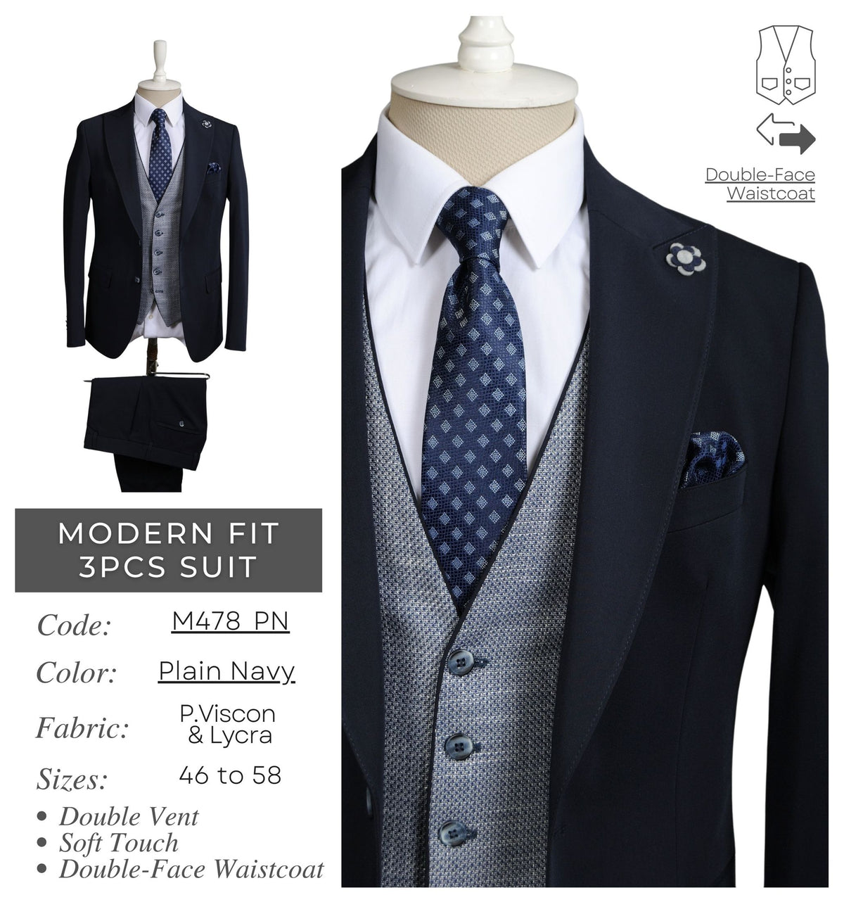 Plain Navy Men's Modern Fit 3 - Piece Suit M478_PN
