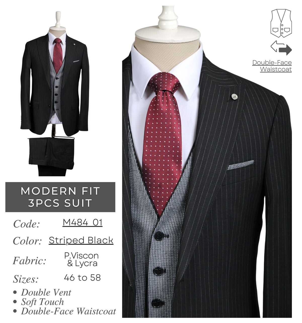 Striped Black Men's Modern Fit 3 - Piece Suit M484_01