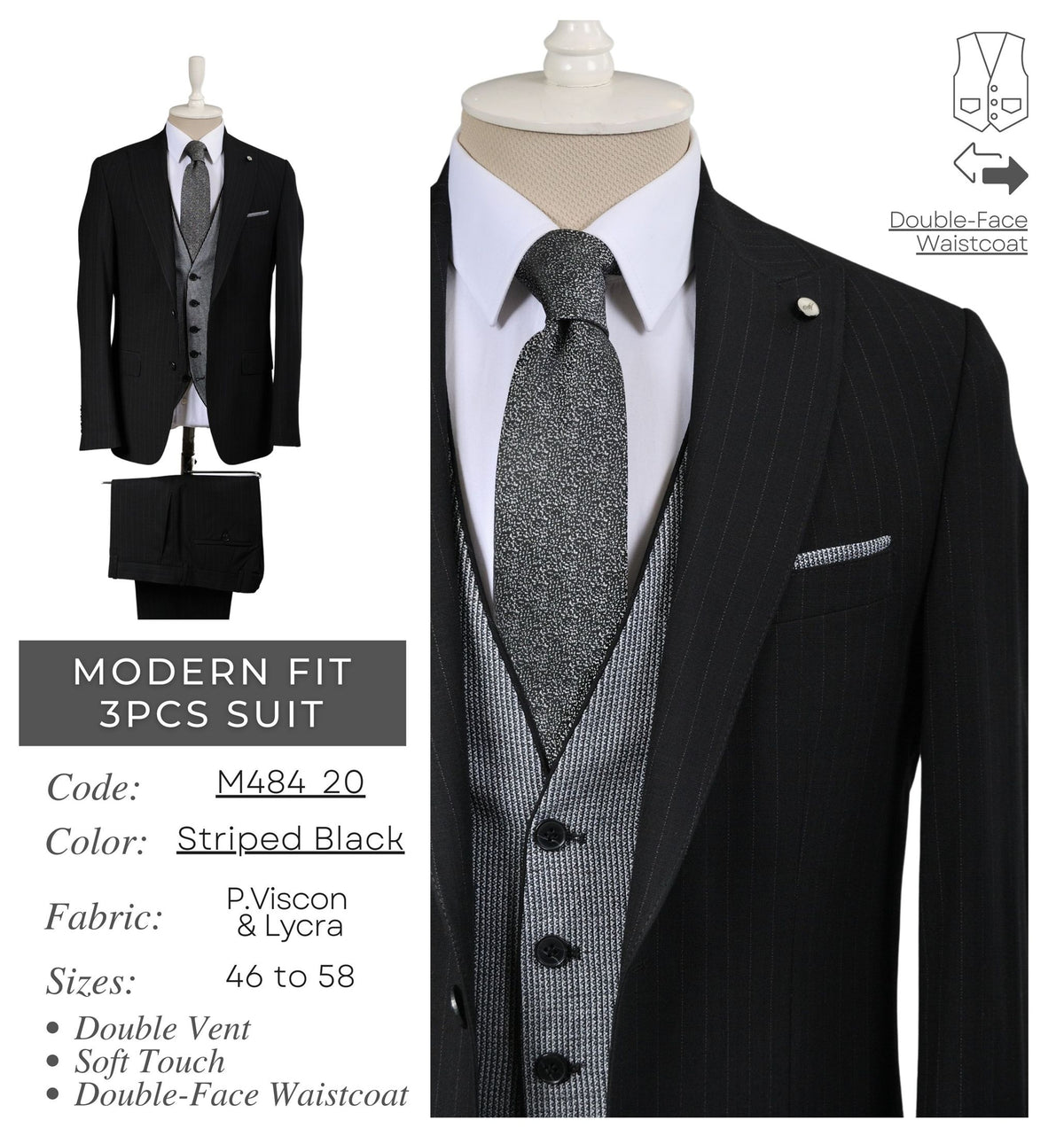 Striped Black Men's Modern Fit 3 - Piece Suit M484_20