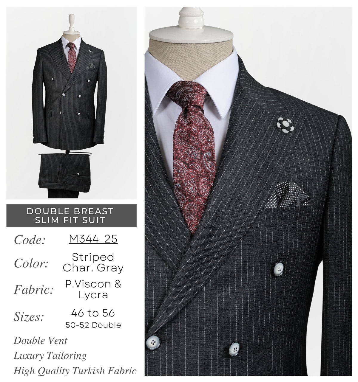 Striped Charcoal Gray Double Breasted Slim Fit Suit M344_25