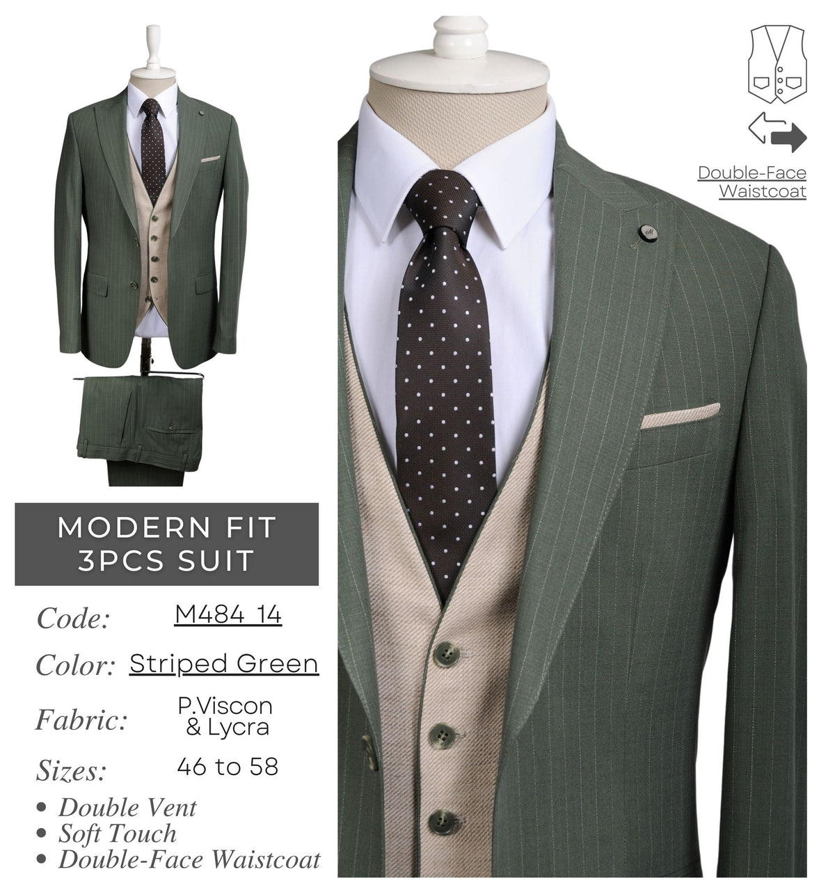 Striped Green Men's Modern Fit 3 - Piece Suit M484_14