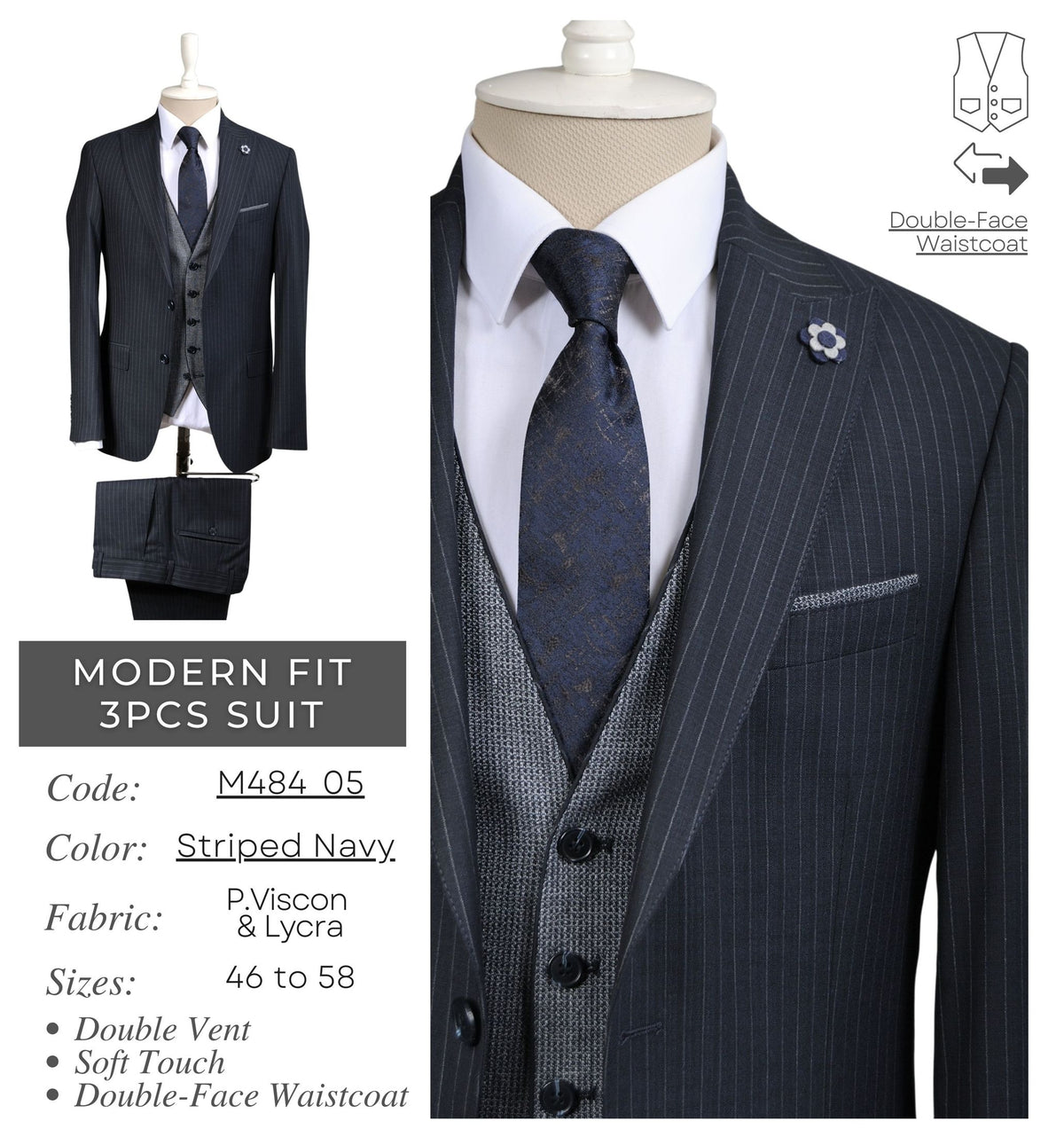 Striped Navy Men's Modern Fit 3 - Piece Suit M484_05