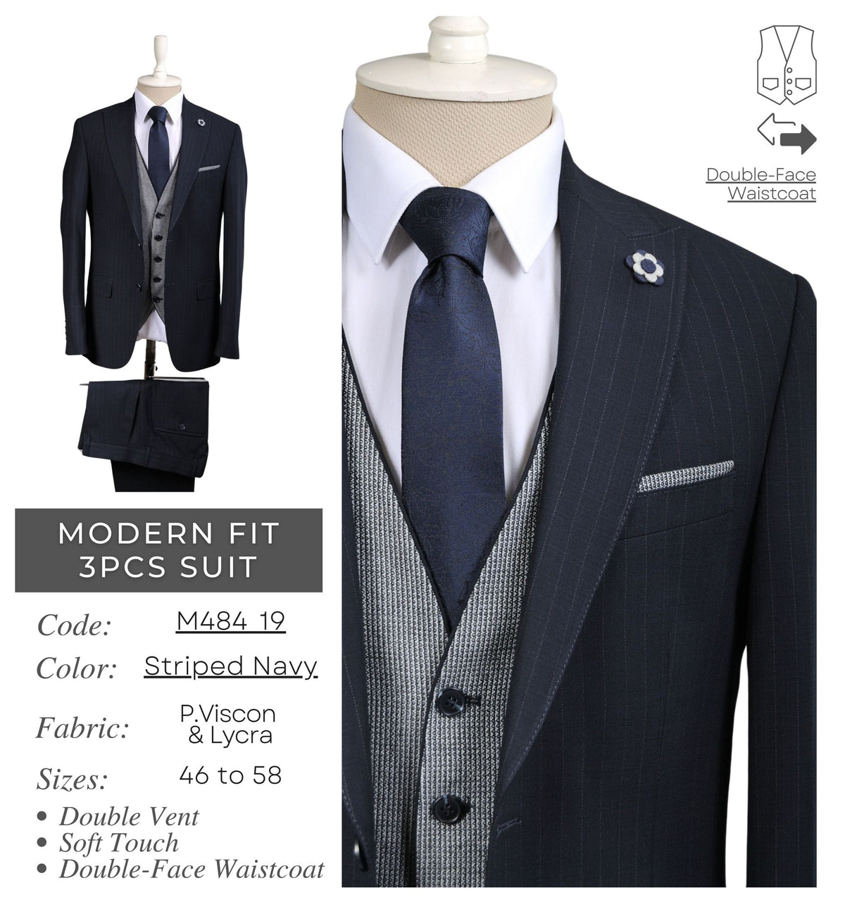 Striped Navy Men's Modern Fit 3 - Piece Suit M484_19