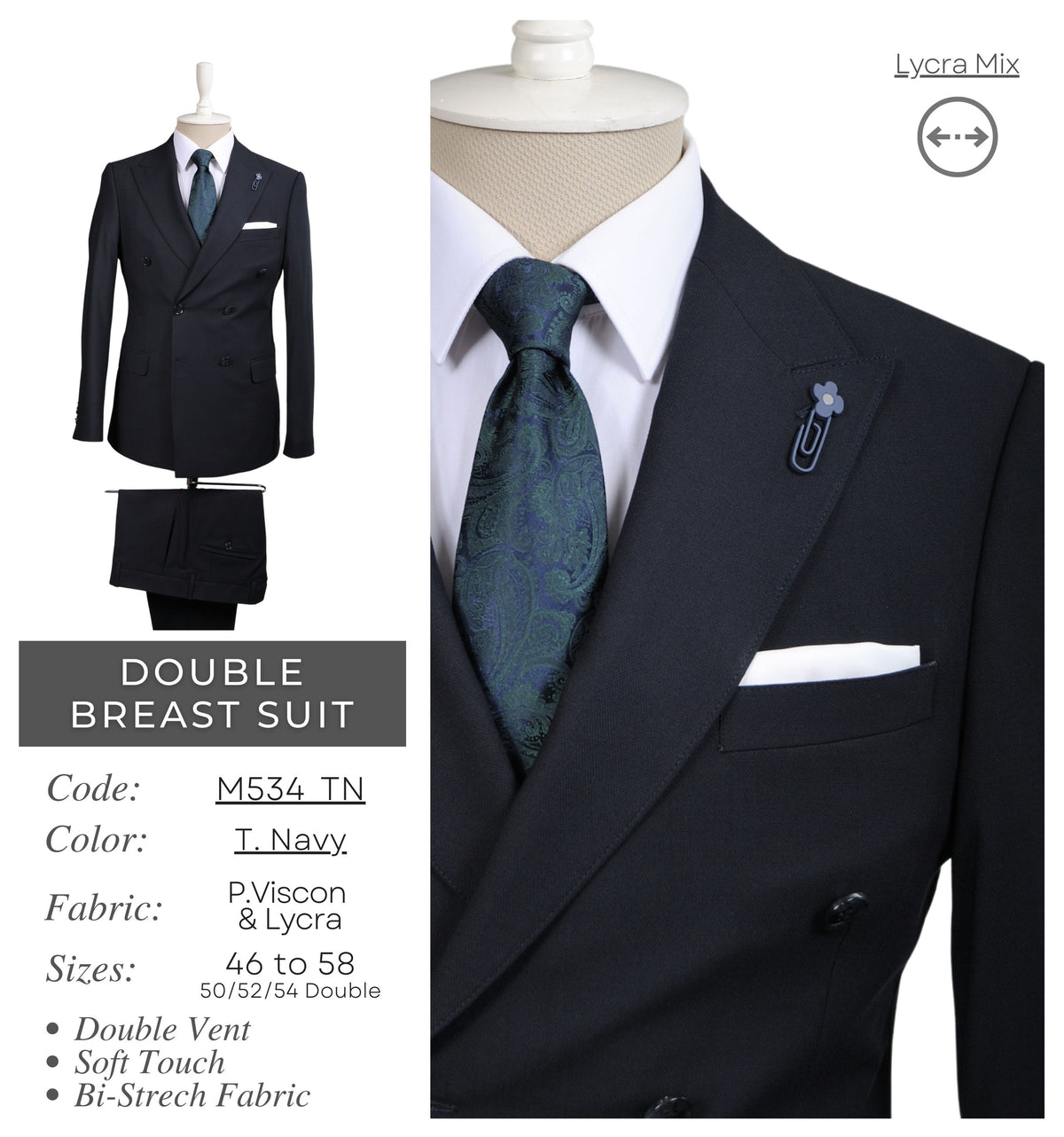 T.Navy Double Breasted Men's Suit M534_TN