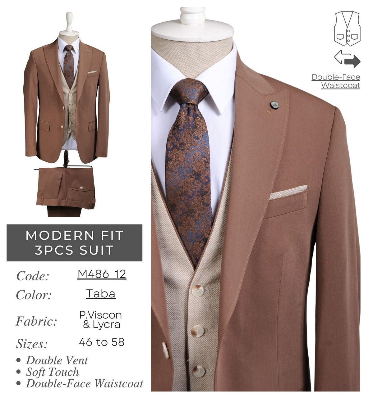 Taba Men's Modern Fit 3 - Piece Suit M486_12