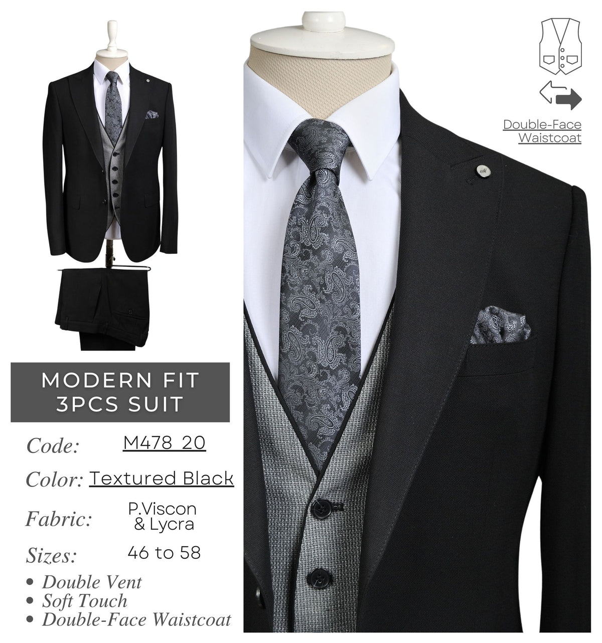 Textured Black Men's Modern Fit 3 - Piece Suit M478_20