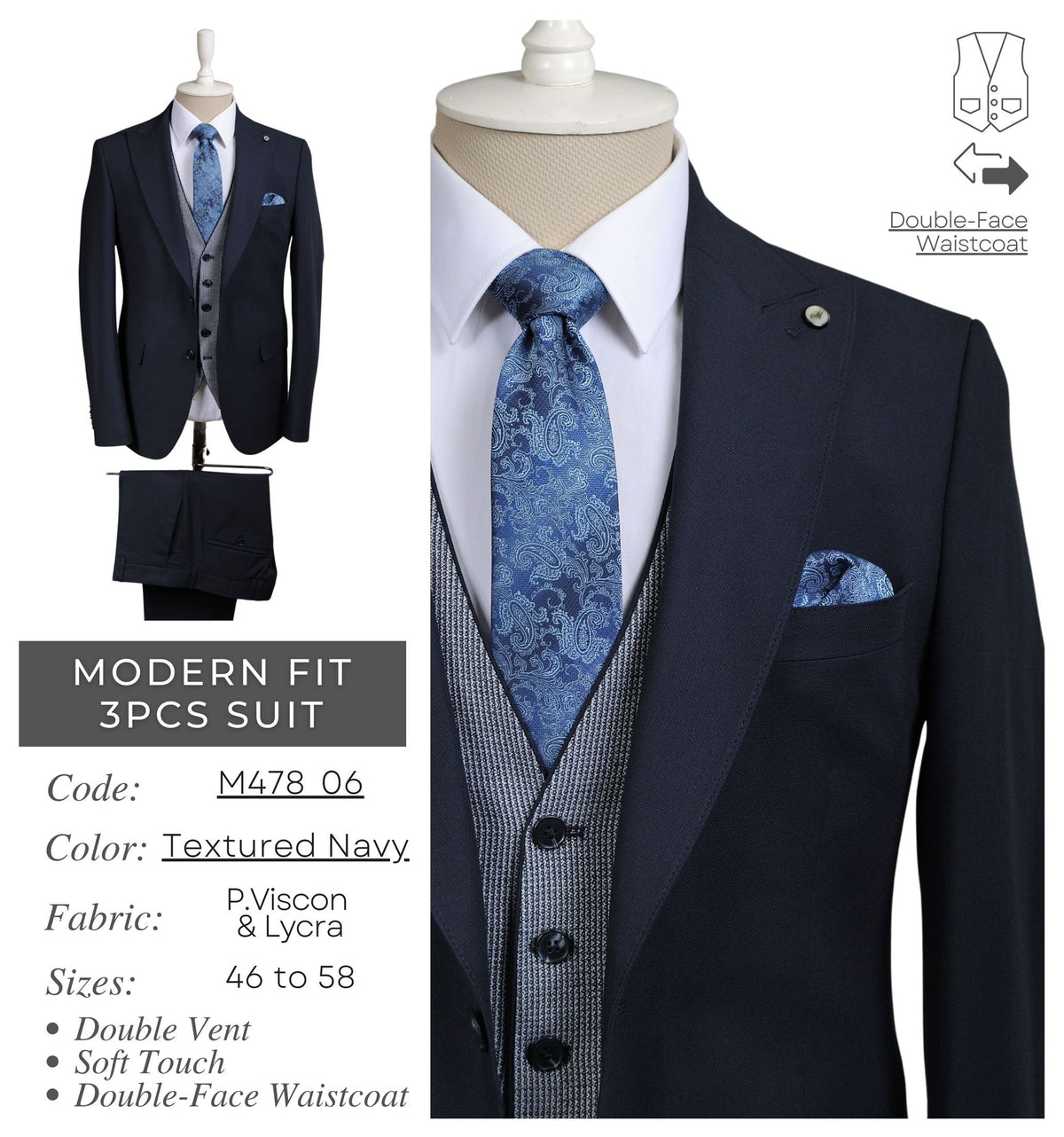Textured Navy Men's Modern Fit 3 - Piece Suit M478_06